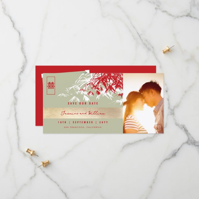 Red Grey Zen Bamboo Leaves Photo Chinese Wedding Save The Date (Front/Back In Situ)
