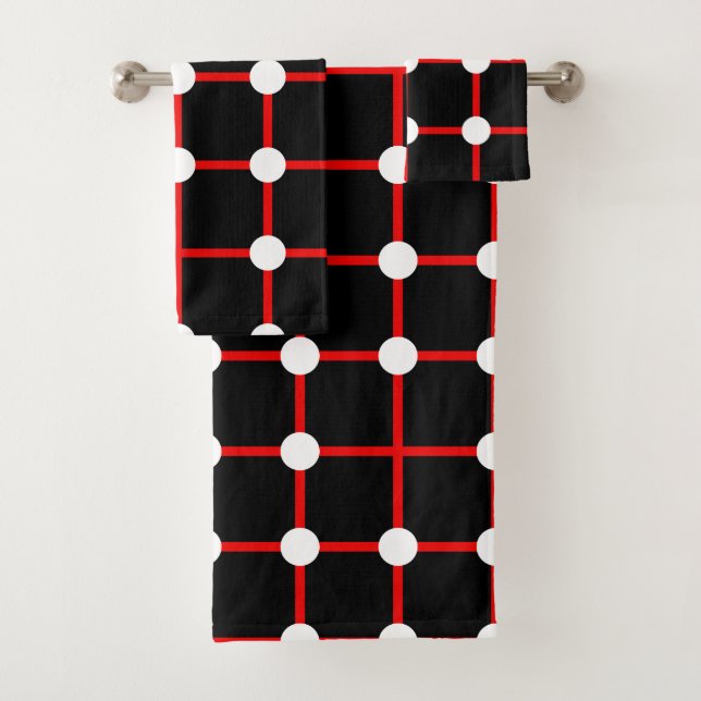 Red Grid and White Dot Pattern on Black Bath Towel Set (Insitu)