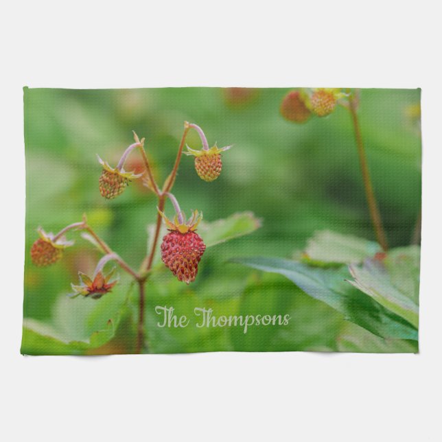 Red Growing Woodland Strawberries Green With Name Tea Towel (Horizontal)