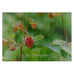 Red Growing Woodland Strawberry On Green Photo Cutting Board