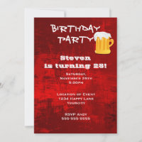 Red Grunge Abstract Birthday Party with Beer Mug