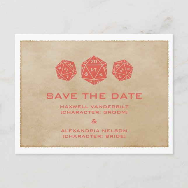 Red Grunge D20 Dice Gamer Save the Date Postcard (Front)