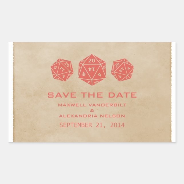 Red Grunge D20 Dice Gamer Save the Date Stickers (Front)