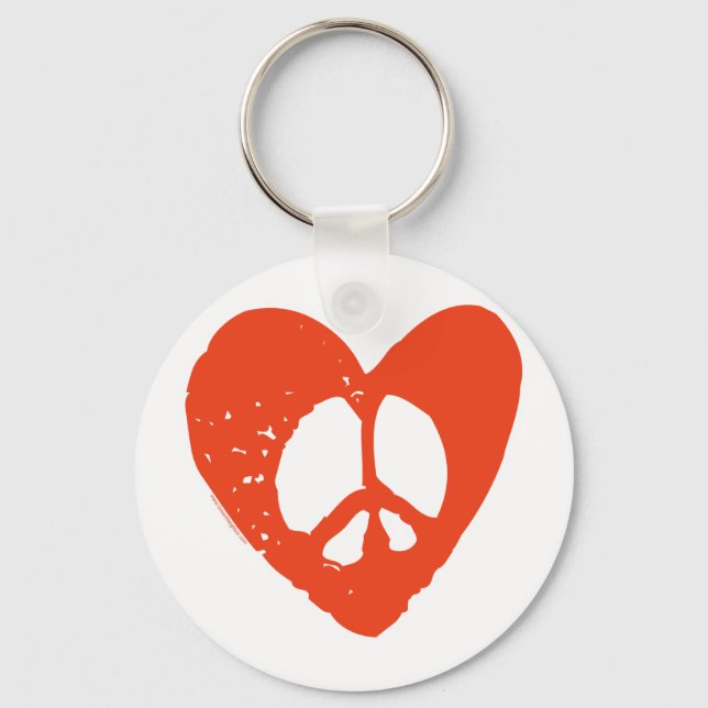 Red Grunge Heart with Peace Sign Key Ring (Front)