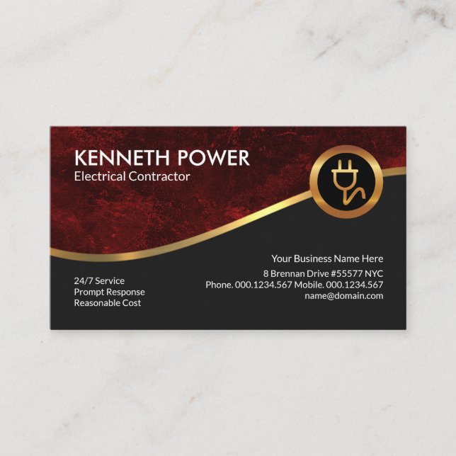 Red Grunge Royal Gold Wave Electrical Contractor Business Card (Front)
