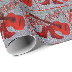 Red Guitar Cowboy Boots Music Faux Glitter Silver Wrapping Paper