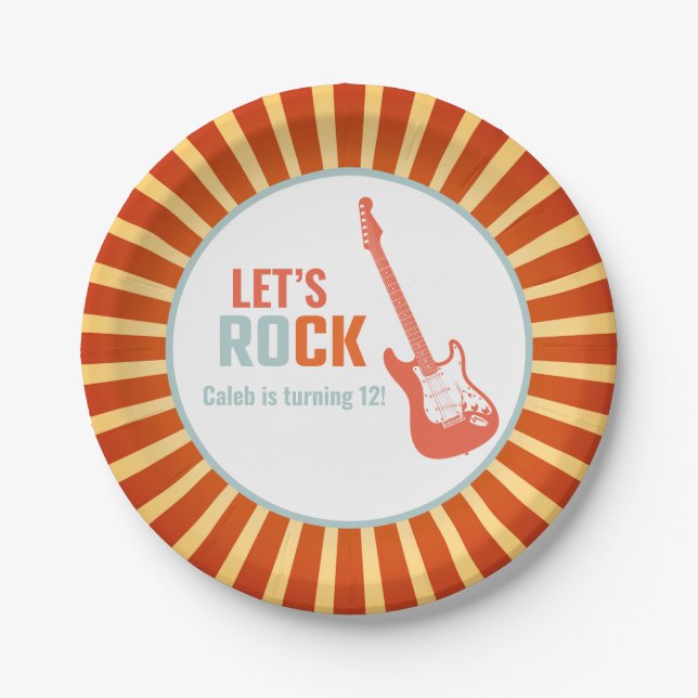 Red Guitar Rock and Roll Rockstar Birthday Paper Plate (Front)