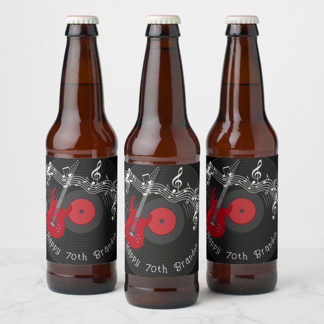 Red Guitar Rock Music Album Birthday Beer Bottle Label (Bottles)