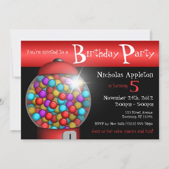 Red Gumball Machine Birthday Party Invitations (Front)