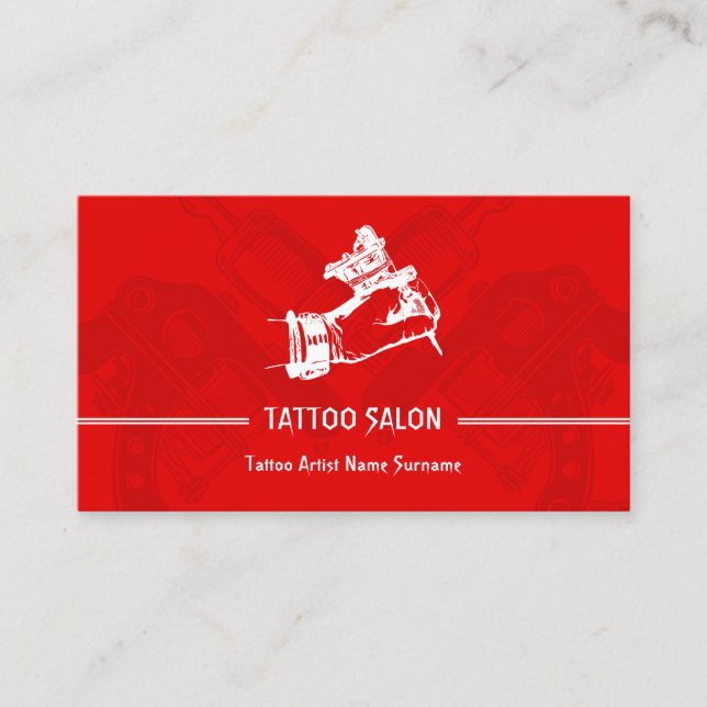 Red Gun Pen Minimalist Modern Tattoo Business Card (Front)