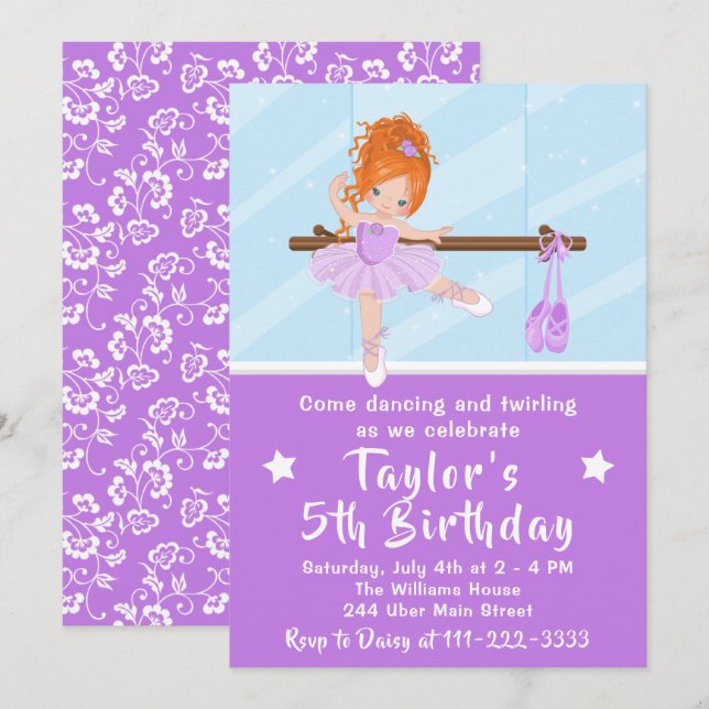 Red Hair Ballerina in Purple Tutu Birthday Invitat Invitation (Front/Back)