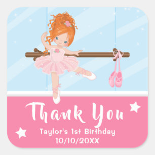 Red Hair Ballerina Pink Birthday Thank You Square  Sticker