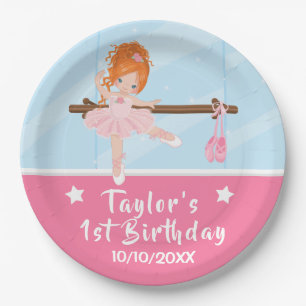Red Hair Ballerina Pink Tutu Birthday Paper Plates