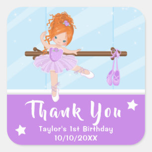 Red Hair Ballerina Purple Birthday Thank You Squar Square Sticker