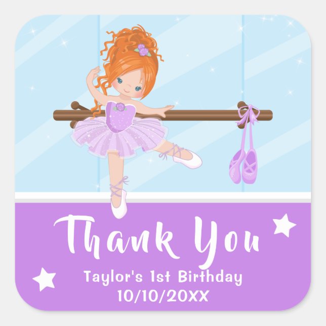 Red Hair Ballerina Purple Birthday Thank You Squar Square Sticker (Front)