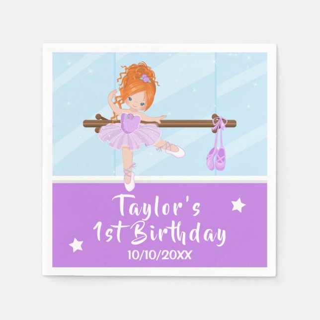 Red Hair Ballerina Purple Tutu Birthday Napkins (Front)