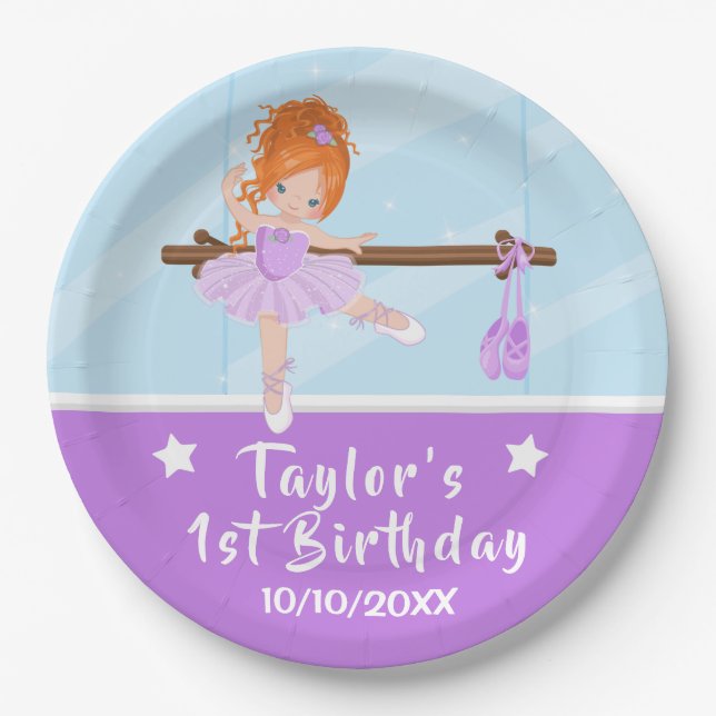 Red Hair Ballerina Purple Tutu Birthday Paper Plat Paper Plate (Front)