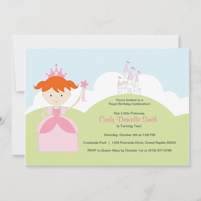 Red Hair Birthday Princess in Pink with Castle Invitation (Front)