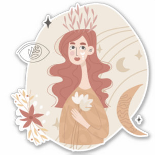 Red hair boho woman flowers moon stars abstract 