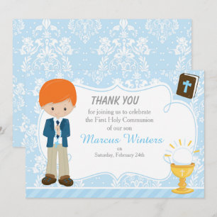 Red Hair Boy First Communion Damask Thank You Card