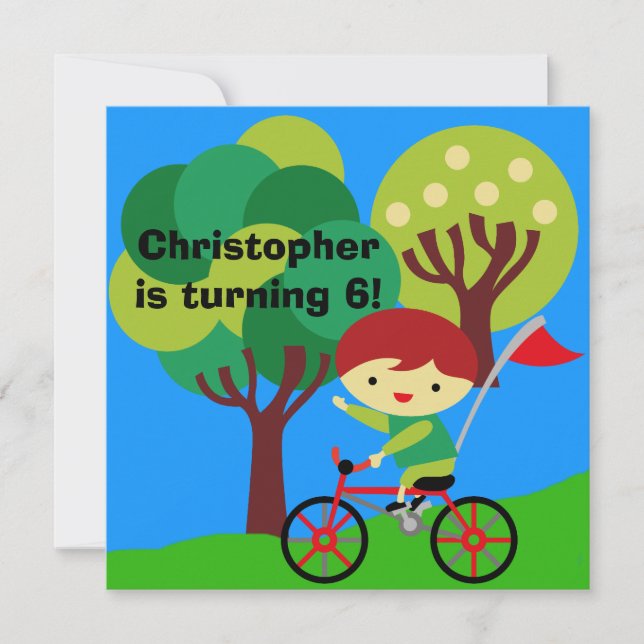 Red Hair Boy on Bicycle Birthday Invitation (Front)