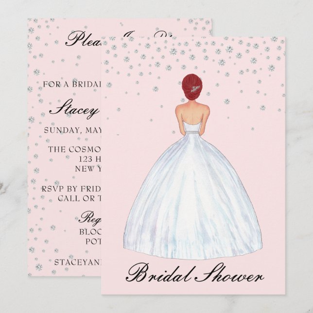 Red Hair Bride Illustration Diamond Bridal Shower Invitation (Front/Back)