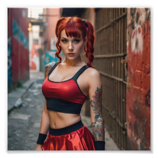 Red Hair Cheerleader Tattooed Girl in Alleyway Photo Print