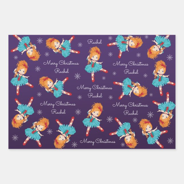 Red Hair Christmas Ballerina Wrapping Paper Sheet (Front)