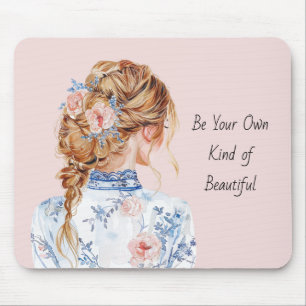 Red Hair Female Blue White Blush Floral Blouse Mouse Mat
