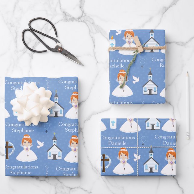 Red Hair First Communion Girl Wrapping Paper Sheet (Front)