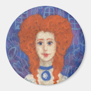 Red Hair, ginger girl rococo fibre art blue orange Magnet