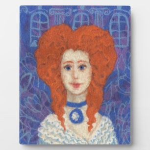 Red Hair, ginger girl rococo fibre art blue orange Plaque