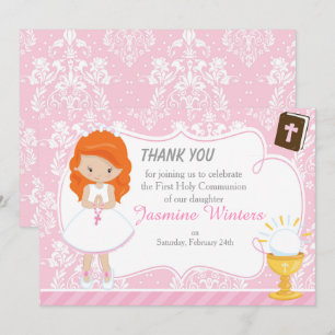 Red Hair Girl First Communion Thank You Card