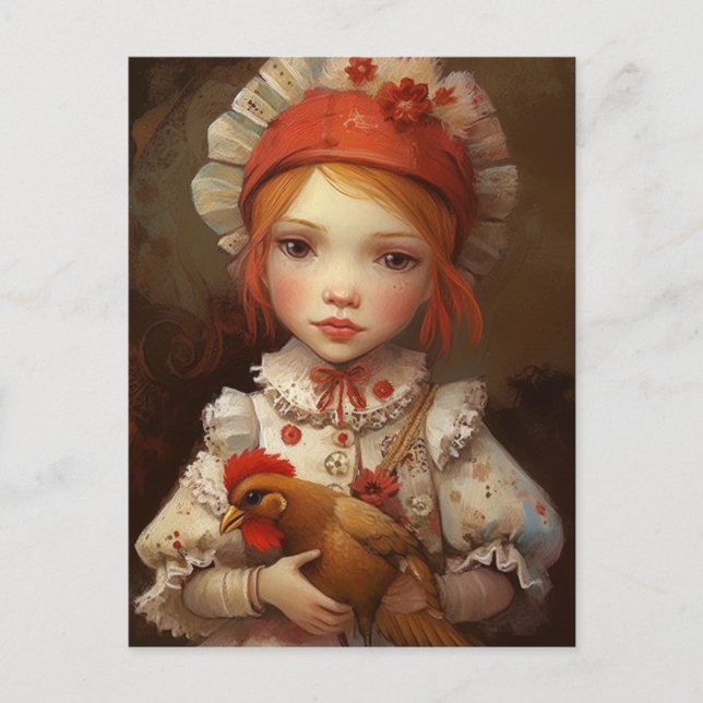 Red Hair Girl Holds Her Pet Chicken AI Art Postcard (Front)