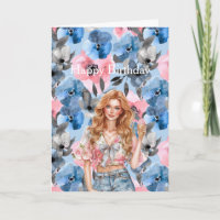 Red Hair Girl Ice Cream Blue Floral Birthday