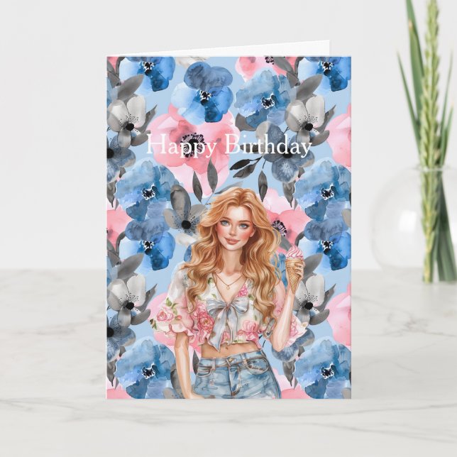 Red Hair Girl Ice Cream Blue Floral Birthday Card (Front)