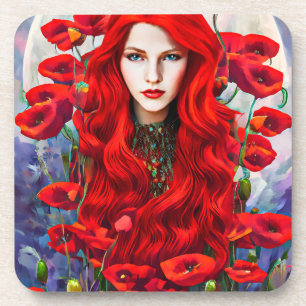 Red Hair Girl In Poppy Flowers Field fantasy art Coaster
