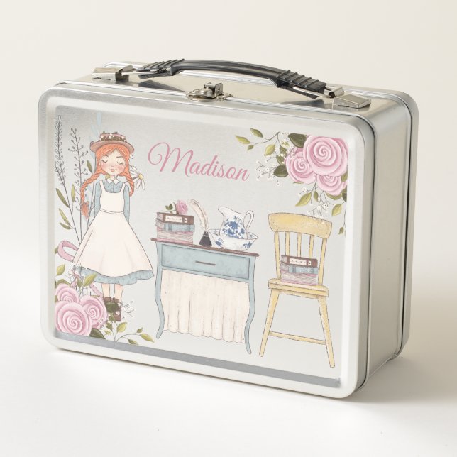 Red Hair Girl Pink Floral Victorian Books School Metal Lunch Box (Front)