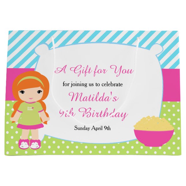 Red Hair Girl Sleepover Slumber Party Birthday Large Gift Bag (Front)