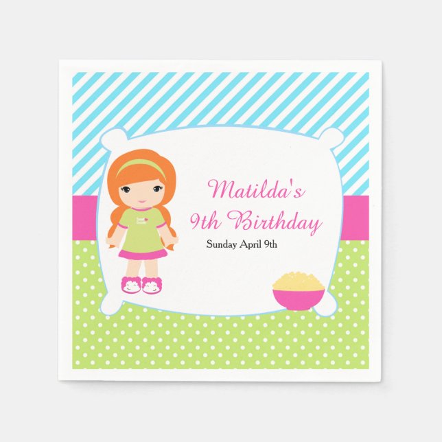 Red Hair Girl Sleepover Slumber Party Napkin (Front)