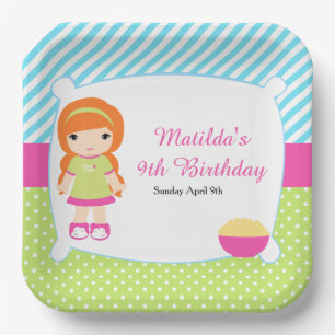 Red Hair Girl Sleepover Slumber Party Paper Plate