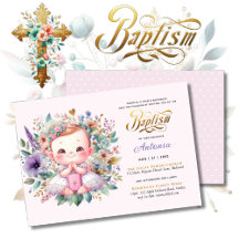 Red Hair Girl's BAPTISM Purple Gold Floral Cross