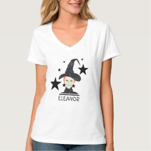 Red Hair Green-eyed Witch with Black Stars T-Shirt