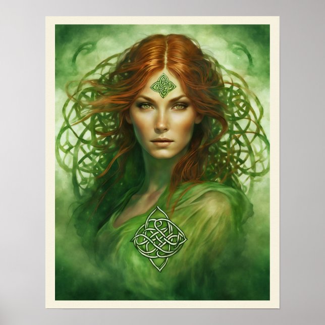 Red Hair Green Eyes Celtic Knot Fantasy Portrait Poster (Front)