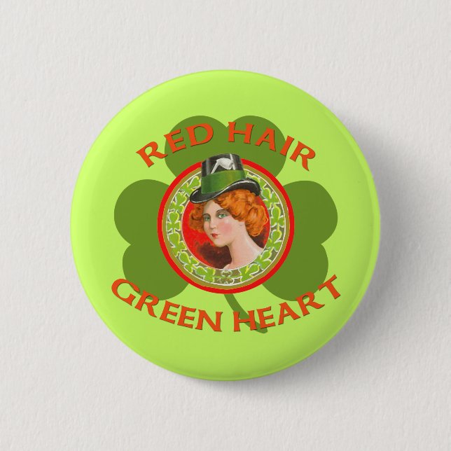 Red Hair Green Heart 6 Cm Round Badge (Front)