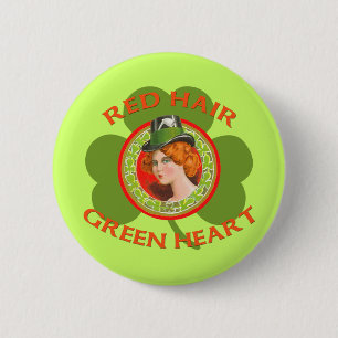Red Hair Green Heart 6 Cm Round Badge