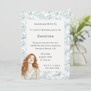 Red Hair Lady Pearls Birthday Invitation