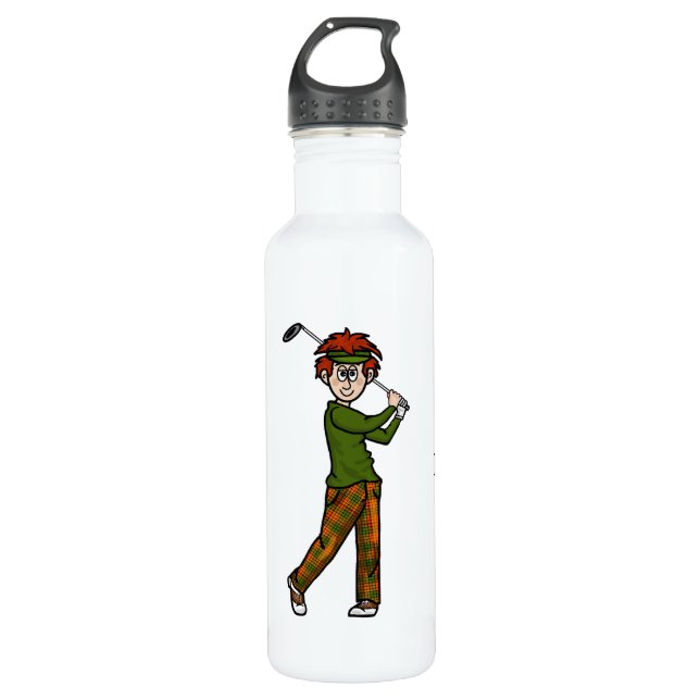 Red Hair Male Golfer Personalised Water Bottle (Front)