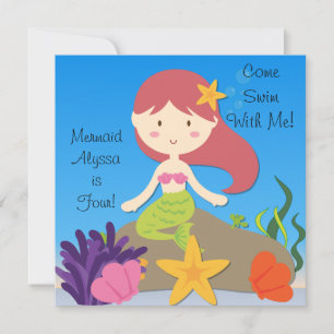 Red Hair Mermaid Custom Birthday Invitation