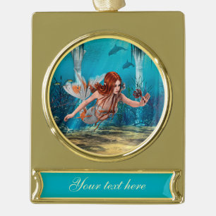 Red Hair Mermaid Underwater Fantasy Art Gold Plated Banner Ornament